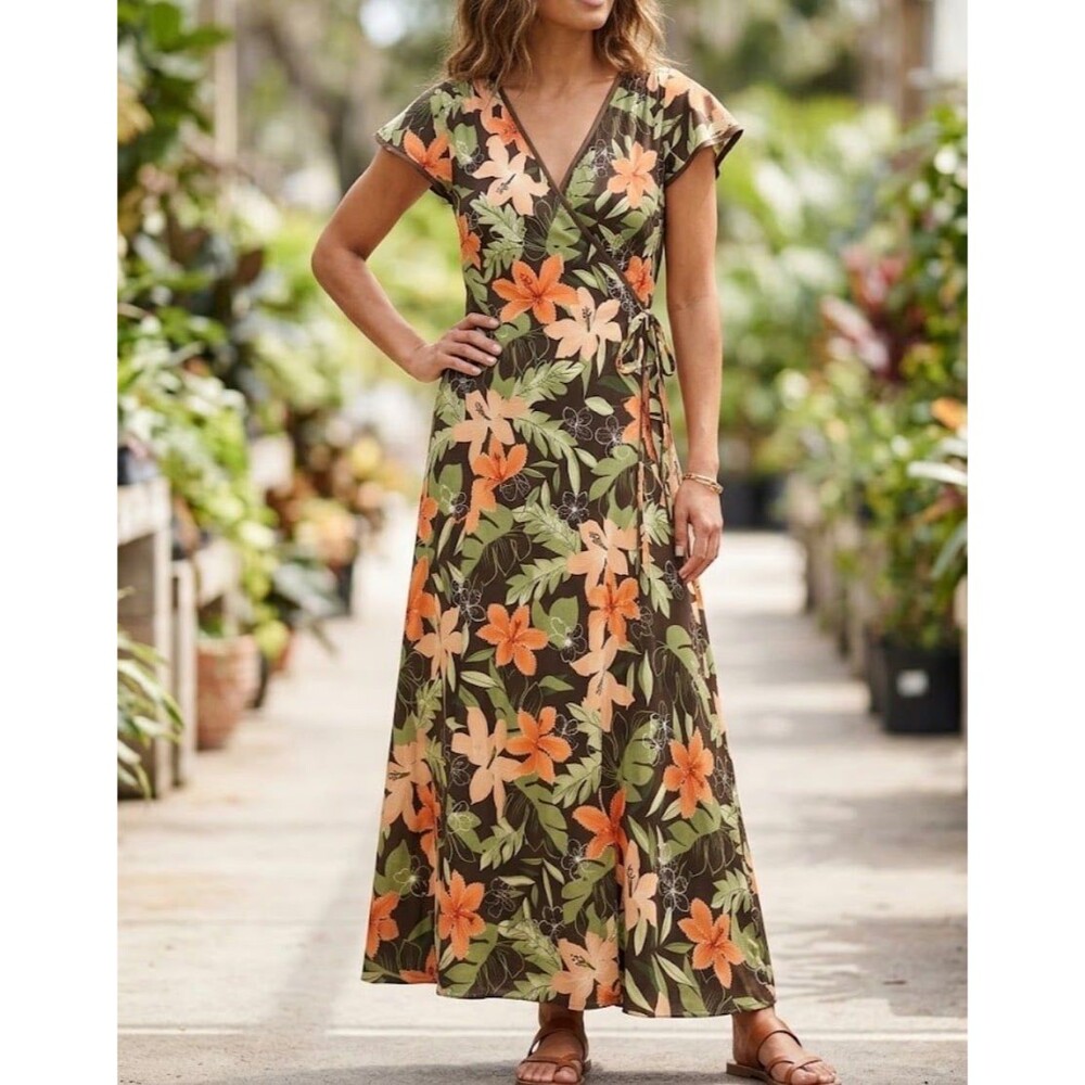 Tommy Bahama Floral Print V-Neck Short Sleeve Maxi Dress